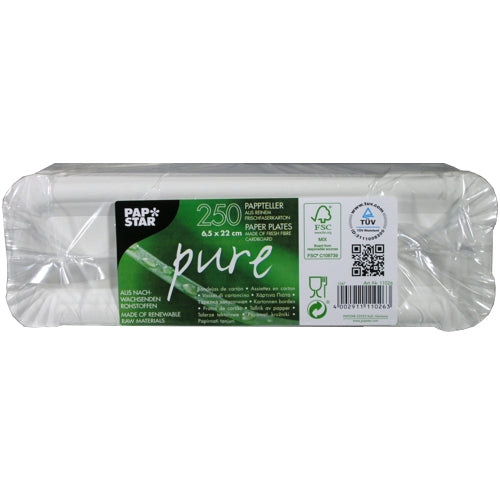 Pakkaus, jossa on 250 PAPSTAR GmbH "pure" suorakulmaista valkoista pahvilautasta, pakattu kirkkaaseen muoviin, jossa on tuotetiedot ja ympäristöystävälliset sertifiointisymbolit etiketissä.