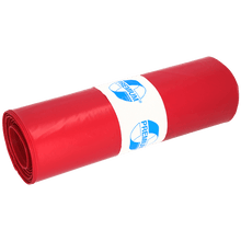 Tiukasti rullattu DEISS 11102 -jätesäkki 700x1100 mm tyyppi 100 punainen (25 kappaletta) EMIL DEISS KG:lta, varmistettu valkoisella etiketillä, jossa sininen "PREMIUM"-grafiikka vaalealla pohjalla - ihanteellinen tehokkaaseen jätehuoltoon.