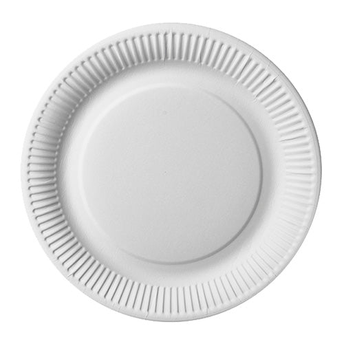PAPSTAR GmbH:n pahvilautanen "pure" (pyöreä, Ø 26 cm, erittäin vahva, valkoinen) 50 kappaleen pakkauksessa on valmistettu 100% neitseellisestä kartongista ja on FSC-sertifioitu kestävän laadun takaamiseksi. Hieman kohotettu reuna ja urakuvio, kuvattu ylhäältä valkoisella taustalla.