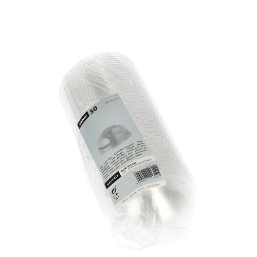 Suljettu muovipakkaus sisältää 50 pyöreää, kirkasta Starpak „Hurricane“-PET-kantta (ilman reikää), Ø 9,5 cm x 4,5 cm, valko-harmaalla etiketillä, jossa on tuotetiedot.