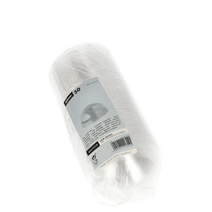 Suljettu muovipakkaus sisältää 50 pyöreää, kirkasta Starpak „Hurricane“-PET-kantta (ilman reikää), Ø 9,5 cm x 4,5 cm, valko-harmaalla etiketillä, jossa on tuotetiedot.