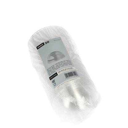 Pakkaus, jossa on 50 Starpak Dom-kantta „Hurricane“ PET-kansia (kirkas, pyöreä, Ø 9,5 cm, ilman reikää), toimitetaan läpinäkyvässä pakkauksessa, jossa on valko-harmaa etiketti, joka näyttää tuotetiedot, viivakoodin ja Starpak-merkin turvallista sulkemista varten.