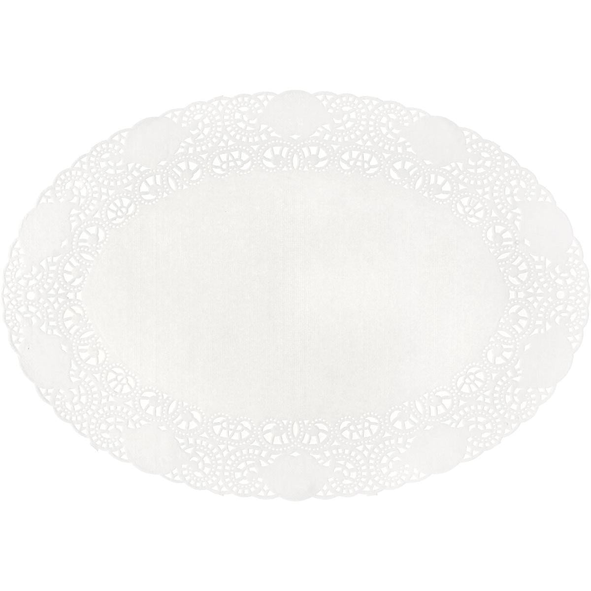 Duni GmbH:n soikea valkoinen pitsipaperi Tortenspitzen, koko 17x24 cm (pakkaus 250 kappaletta), on koristeellisella pitsireunalla ja sileällä keskiosalla - täydellinen kakkujen ja leivonnaisten koristeluun. Kuvattu valkoisella taustalla.