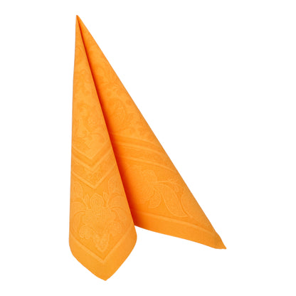 Yksittäinen PAPSTAR 20 lautasliinaa "ROYAL Collection" 1/4-taitto (40x40 cm) PAPSTAR GmbH:ltä seisoo pystyssä kolmionmuotoisena ja on varustettu hienovaraisilla koristeilla - ihanteellinen mihin tahansa pöytäkoristeluun. Tausta on yksivärinen valkoinen.