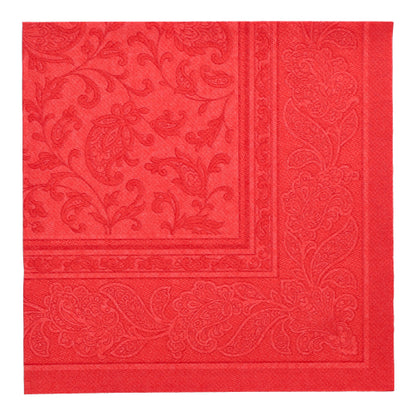Eine rote Papierserviette der PAPSTAR GmbH, "ROYAL Collection" (40 x 40 cm, 1/4-Falz), mit geprägtem Blumenmuster und dekorativer Bordüre - eine von 50 hochwertigen Servietten für den elegant gedeckten Tisch.