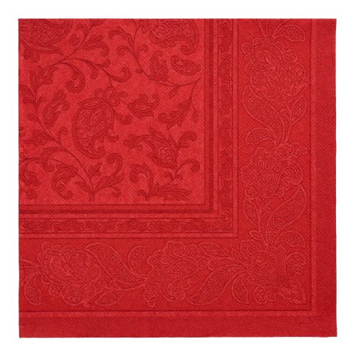Se PAPSTAR GmbH 50 lautasliinaa ”ROYAL Collection” -sarjasta, neljännestaitetut lautasliinat (40 x 40 cm) viininpunaisina, joissa on hillitty paisley- ja kukkakuvio sekä koristeellinen reunus.