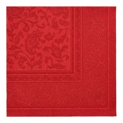 Se PAPSTAR GmbH 50 lautasliinaa ”ROYAL Collection” -sarjasta, neljännestaitetut lautasliinat (40 x 40 cm) viininpunaisina, joissa on hillitty paisley- ja kukkakuvio sekä koristeellinen reunus.
