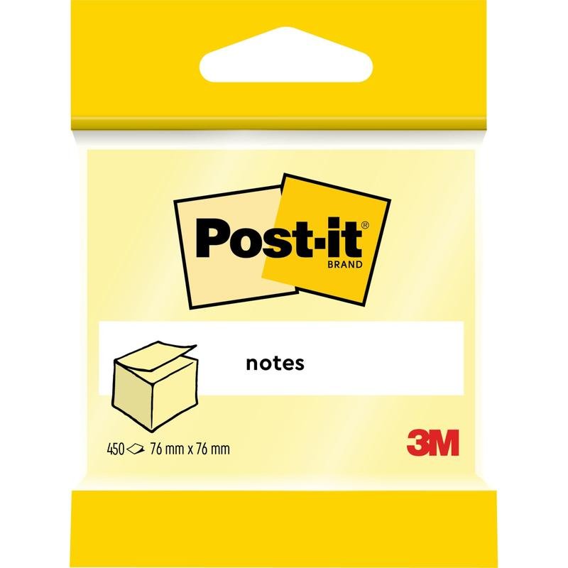 Yksittäinen pakkaus Post-it® Notes kuutioita 3M Deutschland GmbH:lta sisältää 450 keltaista arkkia (76 x 76 mm), valmistettu 100% PEFC-sertifioidusta paperista (SGSCH-PEFC-COC-110078). Etiketti etupuolella näyttää Post-it-logon ja muistilappugrafiikan.
