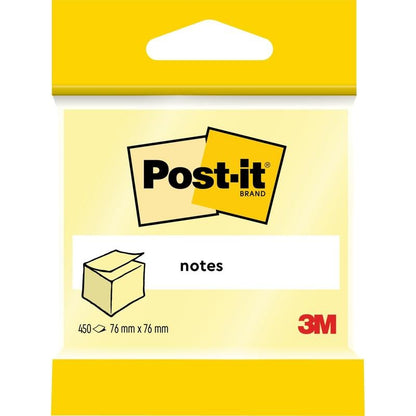 Yksittäinen pakkaus Post-it® Notes kuutioita 3M Deutschland GmbH:lta sisältää 450 keltaista arkkia (76 x 76 mm), valmistettu 100% PEFC-sertifioidusta paperista (SGSCH-PEFC-COC-110078). Etiketti etupuolella näyttää Post-it-logon ja muistilappugrafiikan.