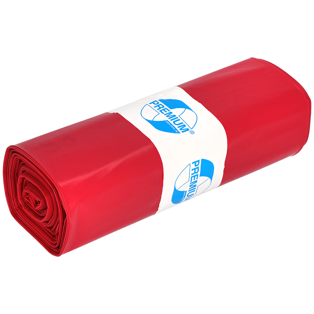 Rulla punaisia EMIL DEISS KG 11702 roskapusseja (Tyyppi 100, 575x1000 mm, 25 kappaletta) valkoisella "Premium"-etiketillä sinisellä tekstillä; ihanteellinen työpajaan ja rakennustyömaalle. Tuote on kuvattu yksivärisellä, vaalealla taustalla.