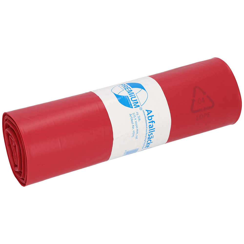 Yksi rulla punaisia muovisia roskapusseja EMIL DEISS KG (GmbH + Co.), DEISS 11705 - 575x1000 mm Typ 60, on varustettu valko-sinisellä etiketillä, jossa on tekstiä, kierrätystietoja ja tuotteen nimi; sisältää 25 pussia per rulla.