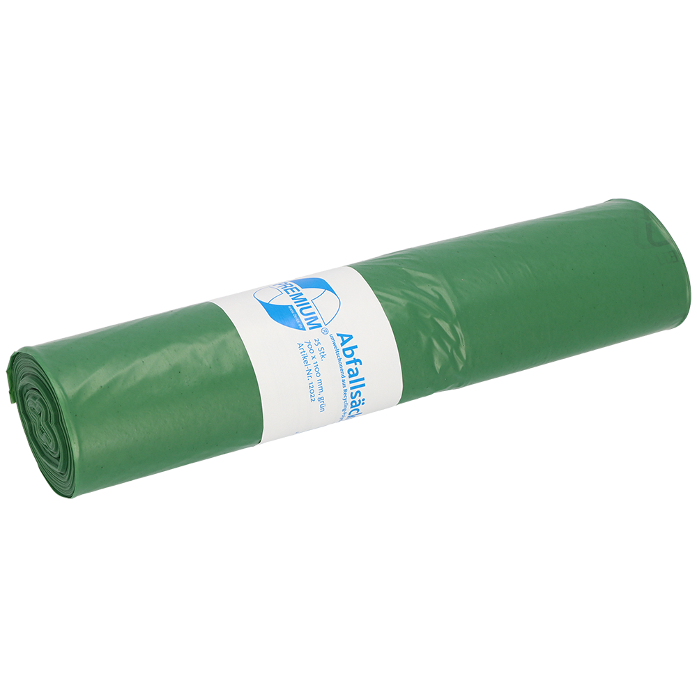 Rulla vihreitä roskapusseja EMIL DEISS KG:ltä (GmbH + Co.), DEISS 12022 - 700x1100 mm Tyyppi 60, rulla (25 kappaletta), jossa on keskellä valko-sininen etiketti, esitetään yksivärisellä taustalla.