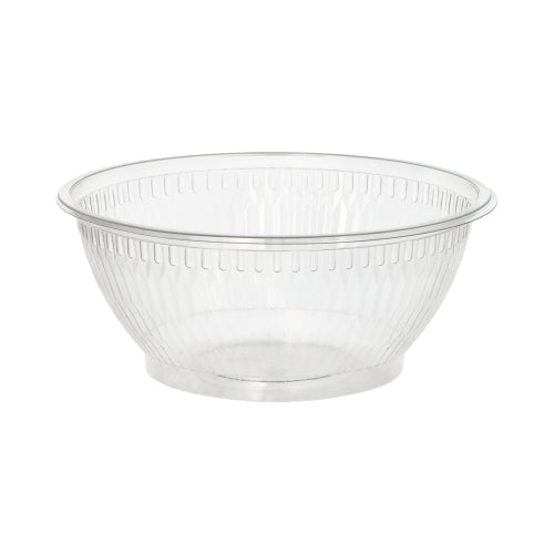 Starpak 50 salaattikulho, R-PET pyöreä kirkas Starpakilta on läpinäkyvä muovinen salaattikulho, jossa on leveä reuna ja rakenteelliset pystysuorat sivut, valmistettu ympäristöystävällisestä R-PET-materiaalista, kuvattu yksinkertaisella valkoisella taustalla.