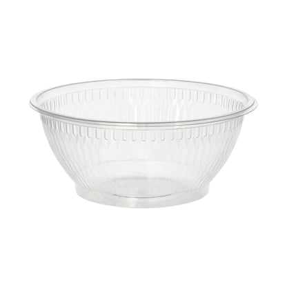 Starpak 50 salaattikulho, R-PET pyöreä kirkas Starpakilta on läpinäkyvä muovinen salaattikulho, jossa on leveä reuna ja rakenteelliset pystysuorat sivut, valmistettu ympäristöystävällisestä R-PET-materiaalista, kuvattu yksinkertaisella valkoisella taustalla.