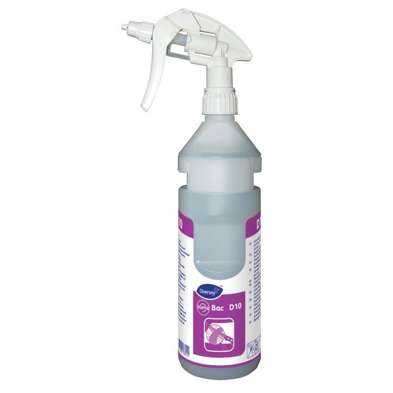 Kirkas muovipullo, jossa on valkoinen laukaisin, sinistä nestettä ja violetti-valkoinen etiketti, on Diversey Deutschland GmbH & Co. OHG:n Suma Bac D10 conc (0,75l) -pullosetti, joka soveltuu Divermite- ja DQFM-järjestelmiin.