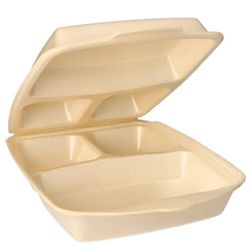 Starpak 50 -ateriaboksit taittokannella, XPS beige laminoitu, ovat auki ja esitetään kannen ollessa ylös nostettuna, jolloin sisällä on kolme erillistä lokeroa elintarvikepakkauksille.