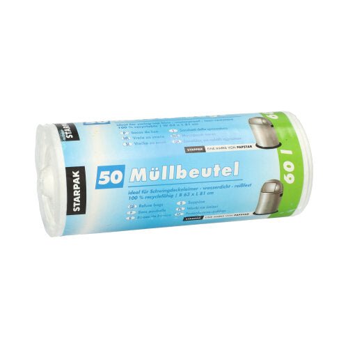 Rulla, jossa on 50 Starpak-roskapussia, valkoisia HDPE-säkkejä (60 l, 81 x 63 cm), saksankielisellä merkinnällä ja pakattu Starpak-logolla varustettuun suojukseen.