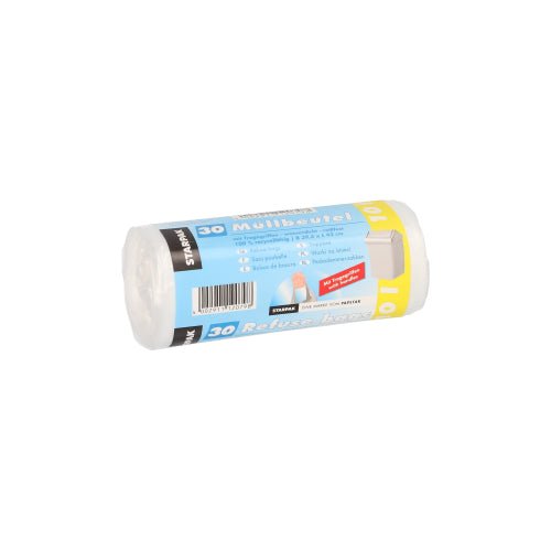 Rulla, jossa on 30 läpinäkyvää Starpak-roskapussia kantokahvoilla (HDPE, 10 l, 42 x 39,5 cm) ja etikettipakkaus, monikielisesti merkitty, kuvattuna yksinkertaista valkoista taustaa vasten.