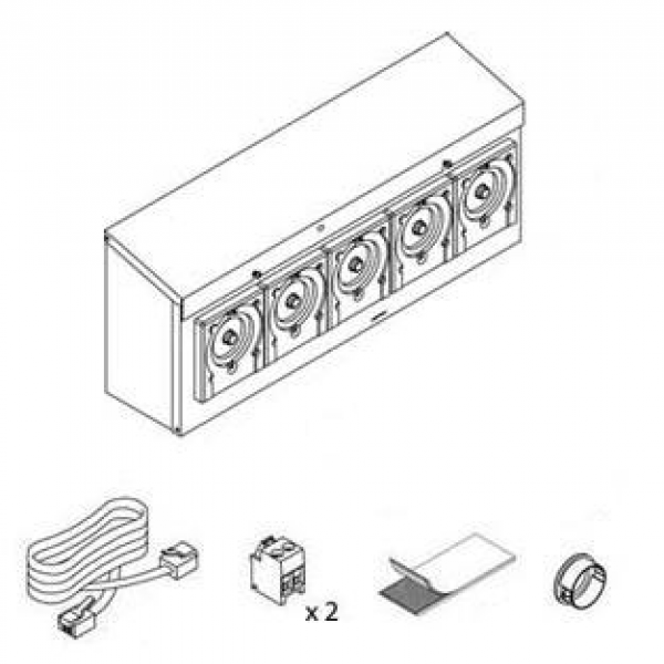 Eine Strichzeichnung zeigt die L5000 Plus 5 X 600 Pump W/TR8000L von Diversey Deutschland GmbH & Co. OHG (1 Stück), die mit fünf Rundlüftern ausgestattet ist. Unten sind Bilder eines Flachbandkabels, eines elektronischen Teils, zweier Pads und einer kreisförmigen Klemme oder eines Rings zu sehen.