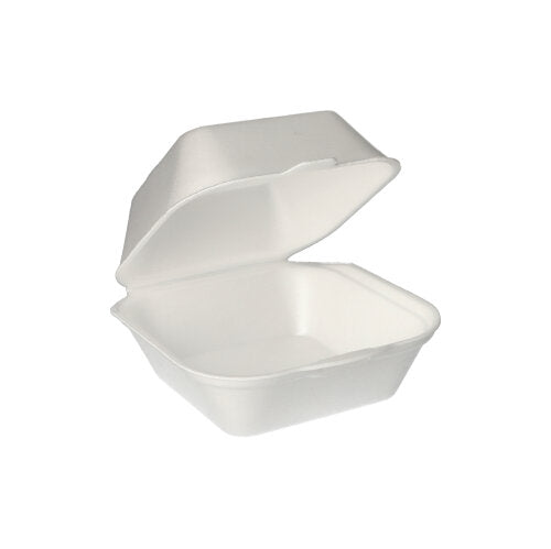 Valkoinen Starpak XPS hampurilaisrasia (7,5 x 12 x 12 cm) läppäkannella, avattu yksinkertaisen taustan edessä. Pakkaus sisältää 100 tyhjiöpakattua rasiaa.