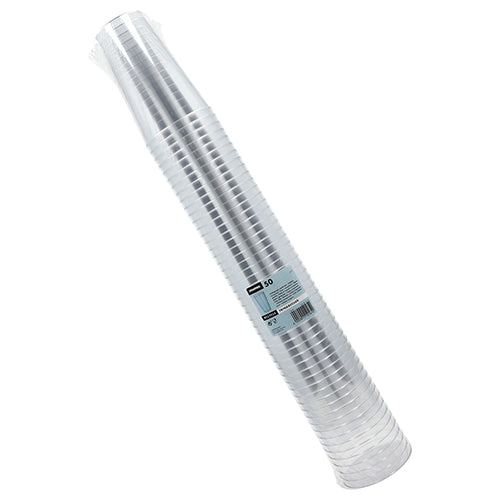 Pino Starpak 50 juomamukia, PS kirkas kertakäyttömukia, on kääritty muovipakkaukseen, jossa on etiketti Starpak-merkillä ja tuotetiedoilla.