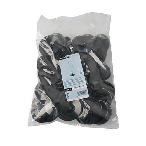 Läpinäkyvä muovipussi sisältää 50 Starpak mustaa PS-pohjaa (Ø 6,55 cm, korkeus 2,05 cm) jalallisille laseille. Etiketissä näkyy lasi pohjineen sekä tuotetiedot ja määrätiedot.