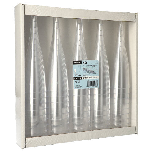 Pakkaus, jossa on 50 Starpakin kuohuviinilasia (PS, 0,1 l, Ø 5 cm, 17,5 cm), esitetään pahvialustassa, jossa on läpinäkyvä etuosa ja näkyvä keskietiketti kirkkaassa muotoilussa.