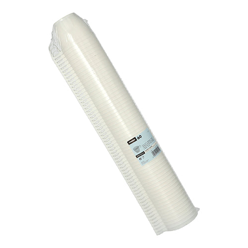 Kuvassa on pino 60 valkoista Starpak kahvikuppia (PS, 0,18 l, Ø7,8 cm, 6 cm), kääritty kutistekalvoon tuotetarralla, jossa on yksityiskohdat ja määrä valkoisella taustalla.