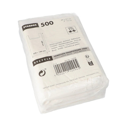 Läpinäkyvä muovipakkaus, jossa on 500 valkoista Starpak paitakassia (HDPE, 48 x 27 x 12 cm), merkitty kierrätyssymboleilla ja viivakoodilla. Ihanteellinen kevyille esineille; tuotetiedot löytyvät etupuolelta.