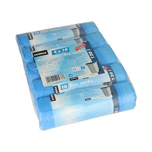 Pakkaus, jossa on 50 Starpak HDPE -roskapussia kiristysnauhalla, 120L (100x70cm), sininen, kutistekalvoon pakattu. Pakkaus sisältää tuotetiedot ja käyttöohjeet.