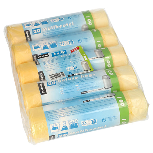 Yksi muovikääritty Starpak-pakkaus sisältää 100 keltaista vetonauhallista roskapussia (HDPE, 60 l, 71 x 64 cm), jaettuna viiteen rullaan, joissa kussakin on 20 pussia. Etiketit sisältävät ohjeita ja tuotetietoja useilla kielillä helppoa käsittelyä ja vakautta varten.