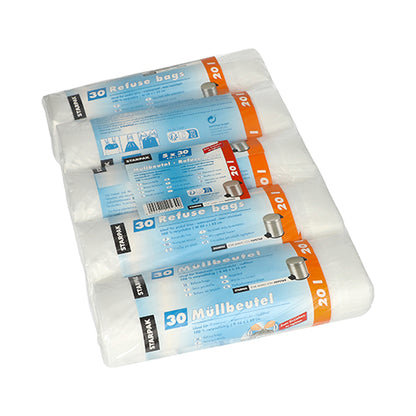 Neljä rullaa Starpak 150 roskapussia vetonauhalla, HDPE 20L (55x48cm) läpinäkyvä, on pinottu päällekkäin. Jokaisen rullan sinivalkoisessa etiketissä lukee "150 kappaletta", roskakuvia, käyttöohjeita ja se viittaa hygieeniseen jätteiden hävittämiseen.