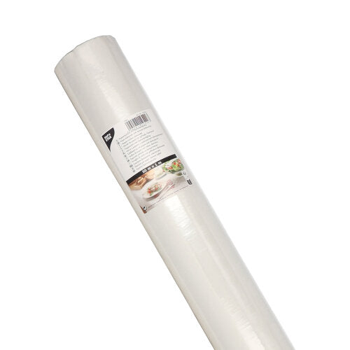 Rulla PAPSTAR damastipainettua paperipöytäliinaa (50 m x 1 m, PAPSTAR GmbH), kääritty etiketillä, jossa on tuotetiedot, hienostunut damastipainatus ja juhlaruokakuvia erityistilaisuuksiin.