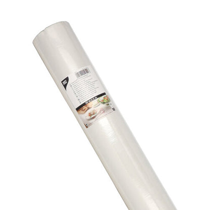 Rulla PAPSTAR damastipainettua paperipöytäliinaa (50 m x 1 m, PAPSTAR GmbH), kääritty etiketillä, jossa on tuotetiedot, hienostunut damastipainatus ja juhlaruokakuvia erityistilaisuuksiin.