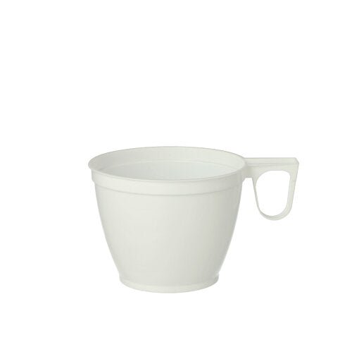 Pakkaus, joka sisältää 10 valkoista Starpak-kahvikuppia (0,18 l, Ø 7,8 cm, 6 cm korkea) kestävästä PS:stä, seisoo valkoisella taustalla. Jokaisessa kupissa on kahva ja yksinkertainen, kartiomainen muoto – ihanteellinen päivittäiseen kahvinautintoon.