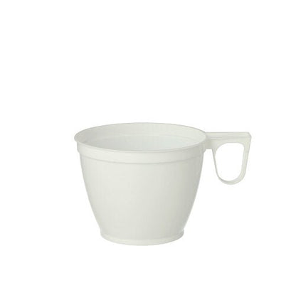 Pakkaus, joka sisältää 10 valkoista Starpak-kahvikuppia (0,18 l, Ø 7,8 cm, 6 cm korkea) kestävästä PS:stä, seisoo valkoisella taustalla. Jokaisessa kupissa on kahva ja yksinkertainen, kartiomainen muoto – ihanteellinen päivittäiseen kahvinautintoon.