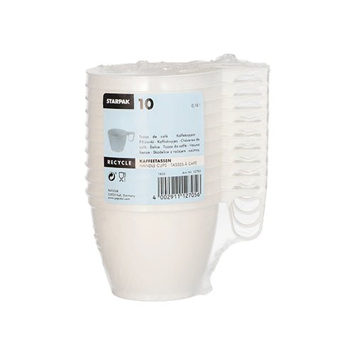 Kymmenen valkoisen Starpak-kahvikupin (PS, 0,18l, Ø7,8cm, 6cm) pino on pakattu kutistekalvoon ja varustettu sinisellä etiketillä, jossa on tuotetiedot, viivakoodi ja kierrätyssymbolit – ihanteellinen käytännölliseen kahvinautintoon matkalla.
