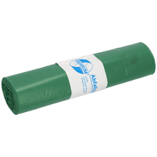 Rulla DEISS 12730 vihreitä muovisia roskapusseja (575x1000 mm, 25 kappaletta) EMIL DEISS KG (GmbH + Co.) -yhtiöltä, valko-sinisellä etiketillä, jossa on tekstiä, logo ja tuotetiedot, joka on kääritty keskelle.