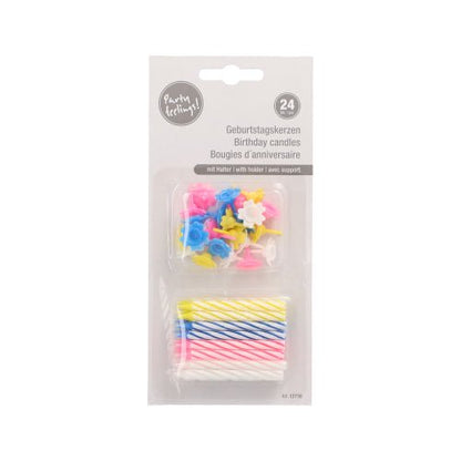 PAPSTAR GmbH syntymäpäiväkynttilät, 6 cm, värilajitelma 24 kappaleen blisterissä kukkamuotoisilla pidikkeillä; pakkaus monikielinen (saksa, englanti, ranska).