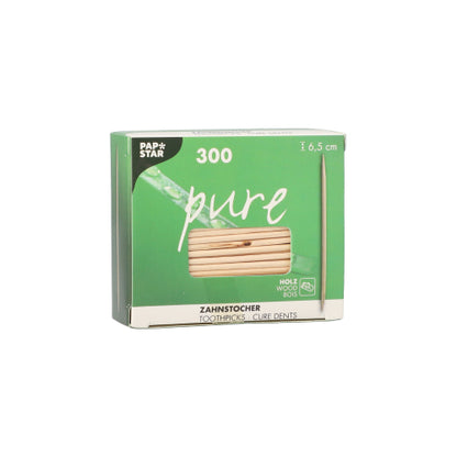 Vihreä-valkoinen purkki PAPSTAR puuhammastikkuja "pure" pyöreä, 6,5 cm PAPSTAR GmbH:ltä, jossa on ikkuna ja sisältää 300 hammastikkua suojakääreessä - ihanteellinen päivittäiseen käyttöön.