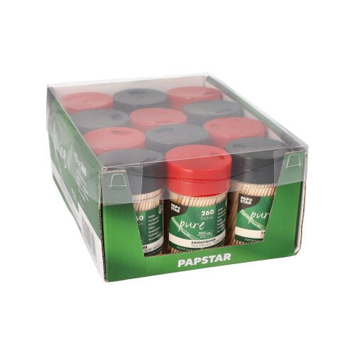 Laatikko PAPSTAR puupyöreitä hammastikkuja (6,5 cm) PAPSTAR GmbH:lta sisältää 260 hammastikkua kätevissä annostelijapakkauksissa, joissa on kierrettävä kansi, vihreä ja valkoinen etiketti sekä osittain kirkas muovipakkaus.