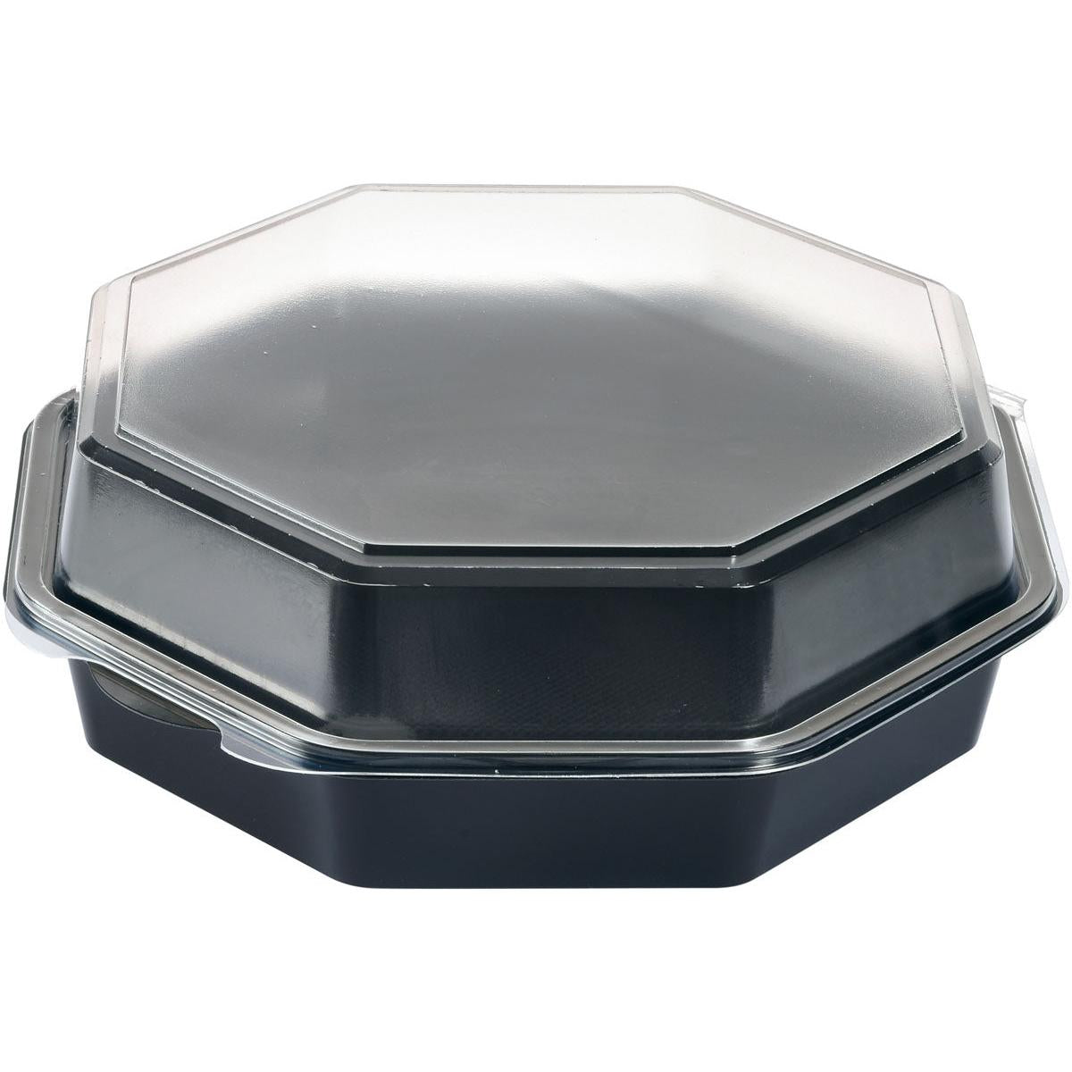 Duni GmbH Octaview® Schwarz/Transparent 230x230x80 mm laatikko (pakkaus 180 kappaletta) kirkkaalla kannella näytetään hieman kohotetusta kulmasta valkoisella taustalla - ihanteellinen läpinäkyvä säilytys- tai esittelylaatikko tuoreille elintarvikkeille.