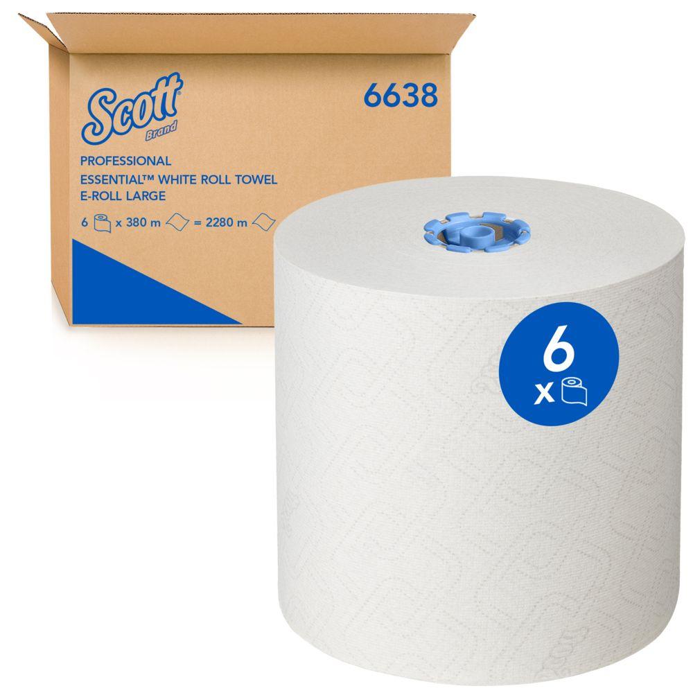 Suuri valkoinen Scott® Essential™ rullapyyhe 6638 Suurrulla (1-kerroksinen) Kimberly-Clark GmbH:lta, jossa on sininen "6"-etiketti, seisoo ruskean laatikon edessä, jossa lukee "Professional Essential White Roll Towel" ja "6638".