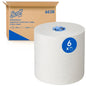 Suuri valkoinen Scott® Essential™ rullapyyhe 6638 Suurrulla (1-kerroksinen) Kimberly-Clark GmbH:lta, jossa on sininen "6"-etiketti, seisoo ruskean laatikon edessä, jossa lukee "Professional Essential White Roll Towel" ja "6638".
