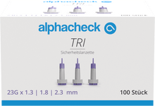 Alphacheck TRI safety lancets 23G | Pakkaus (100 kpl)