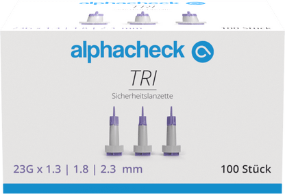 Alphacheck TRI safety lancets 23G | Pakkaus (100 kpl)