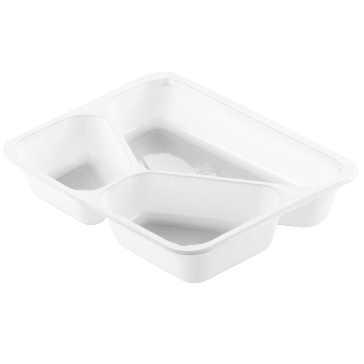 Dunin CPET-astia 225x175 mm, valkoinen, jossa on kolme osastoa, on lämpötilankestävä elintarvikepakkaus (pakkaus: 300 kappaletta) ja se esitetään tyhjänä valkoisella taustalla.