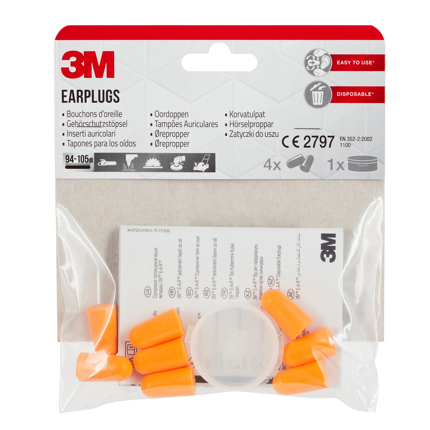 Die 3M™ Arbeitsschutz-Starter-Box für Profis 1000MCWE von 3M Deutschland GmbH enthält Atem-, Augen- und Gehörschutz in einem Set pro Packung, mit mehrsprachigem Hinweis, dass es sich um Einwegstöpsel handelt.