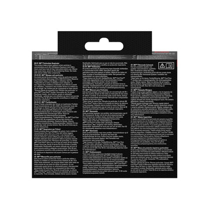 Die 3M™ Cool Flow™ Partikelmaske 8822, FFP2, mit Ventil von 3M Deutschland GmbH kommt in einer schwarzen Verpackung mit weißer, mehrsprachiger Anleitung, einer Aufhängelasche an der Oberseite und zwei rot umrandeten Warnsymbolen in der oberen rechten Ecke.