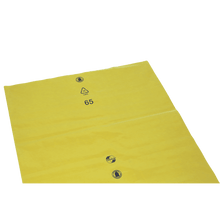 DEISS-roskapussit 575x1000x0,01 mm LDPE:stä 70 l EMIL DEISS KG:ltä (GmbH + Co.) ovat litteitä keltaisia LDPE-muovipusseja, joissa on kierrätyssymboli, numero 65 ja kaksi mustaa symbolia valkoisella pohjalla.